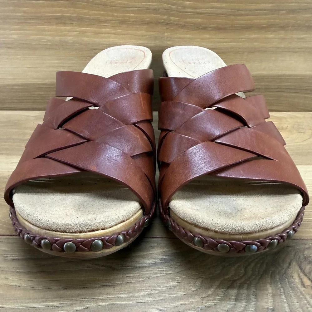 Dansko Tory Sandals Womens 8 EU 38 Brown Leather Weave Woven Studded Braide Heel